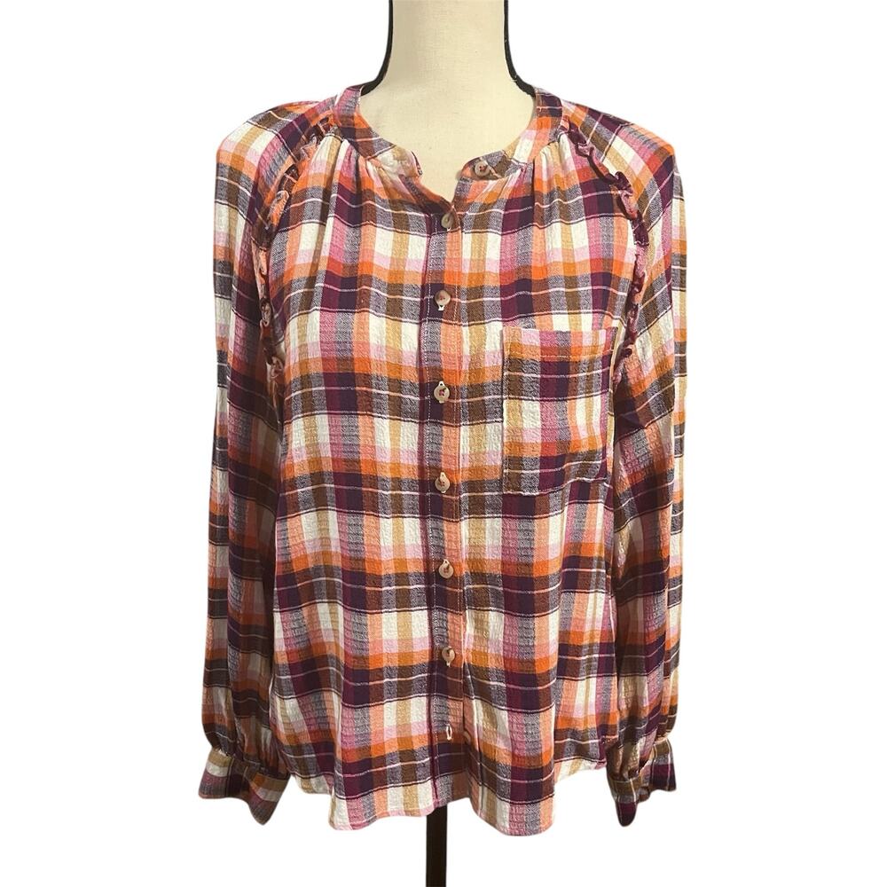 Pilco Women's Plaid Ruffle Oversized Festival Button Down Tunic Top Sz S Boho
